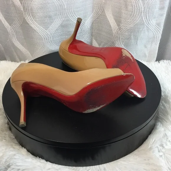 Christian Louboutin Beige Patent Peep-Toe Pumps - Picture 10 of 15